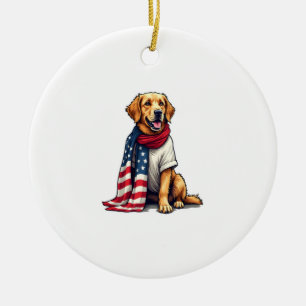 American Flag Golden Retriever Engraved Dog Lover  Ceramic Tree Decoration