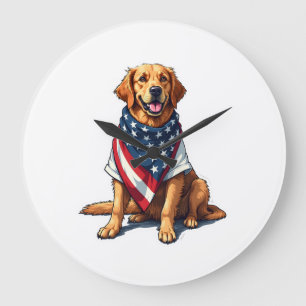 American Flag Golden Retriever Engraved Dog Lover  Large Clock