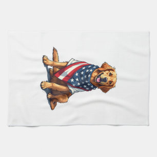 American Flag Golden Retriever Engraved Dog Lover  Tea Towel