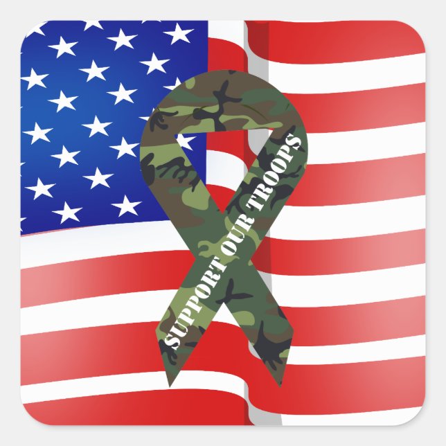 American Flag Green Camo Support Our Troops Square Sticker (Front)