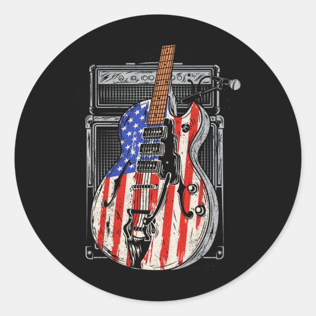 American Flag Guitar 4th Of July Guitarist Usa Cou Classic Round Sticker (Front)
