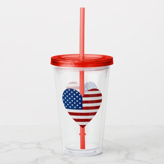 American Flag Heart July 4th Glitter Acrylic Tumbler (Front)