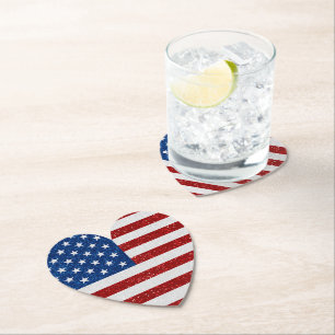 American Flag Heart July 4th Glitter Paper Coaster