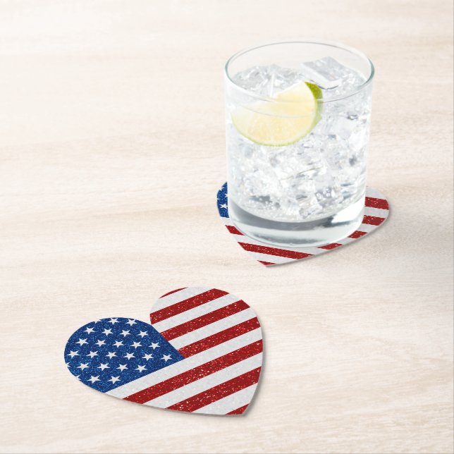 American Flag Heart July 4th Glitter Paper Coaster (Insitu)