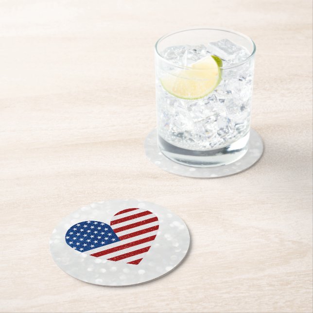 American Flag Heart July 4th Glitter Round Paper Coaster (Insitu)