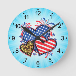 American Flag Heart Leopard Sublimation Round Clock