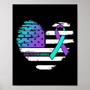American Flag Heart Teal And Purple Ribbon Suicide Poster