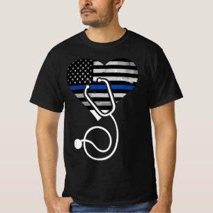 American Flag Heart with Police Thin Blue Line Nur T-Shirt