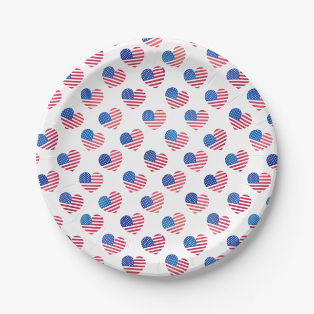 American Flag Hearts Red White Blue Stars Stripes  Paper Plate (Front)