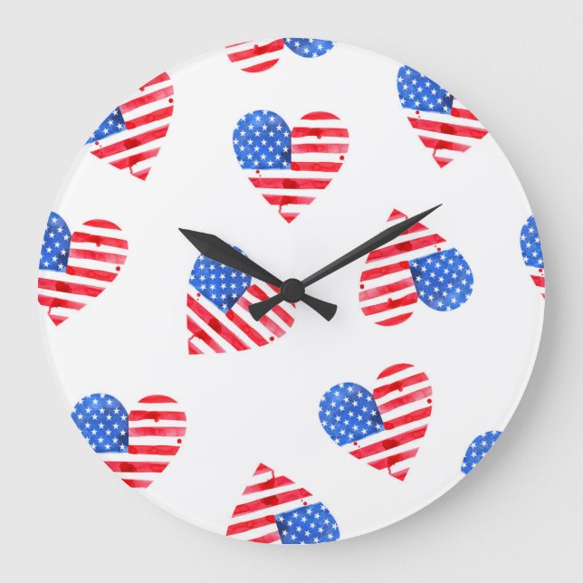 American Flag Hearts Watercolor Seamless. Large Clock (Front)