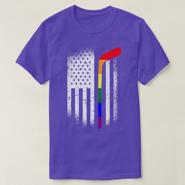 American Flag Hockey LGBT-Q Rainbow Bat Gay Pride  T-Shirt (Design Front)