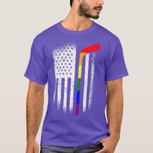 American Flag Hockey LGBT-Q Rainbow Bat Gay Pride  T-Shirt