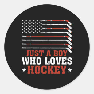 American Flag Hockey Lover Boys Kids Son Just A Bo Classic Round Sticker