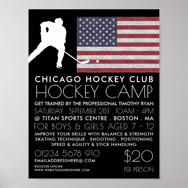 American Flag, Hockey Player, Camp Advertising Poster (Front)