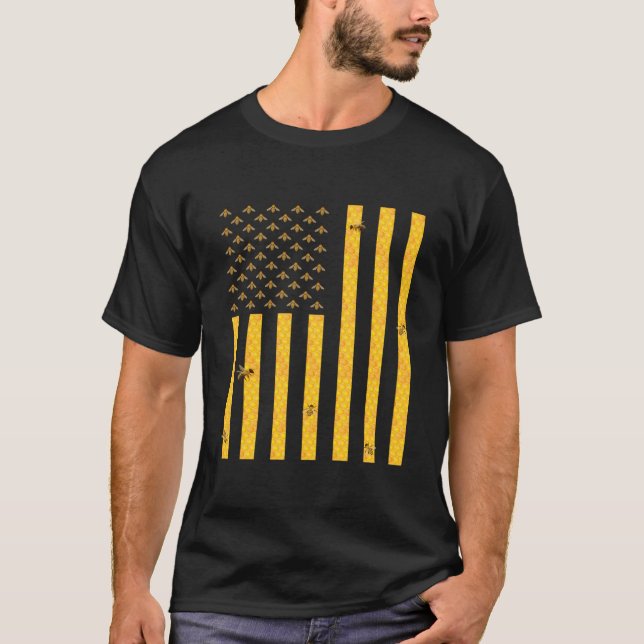American Flag Honeycomb Honey Bee Beekeeg Beekeepe T-Shirt (Front)