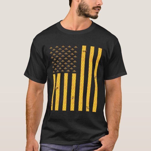 American Flag Honeycomb Honey Bee Beekeeping Beeke T-Shirt (Front)