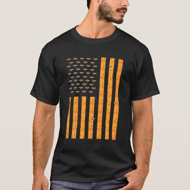 American Flag Honeycomb Honey Bees Beekeeping Beek T-Shirt (Front)