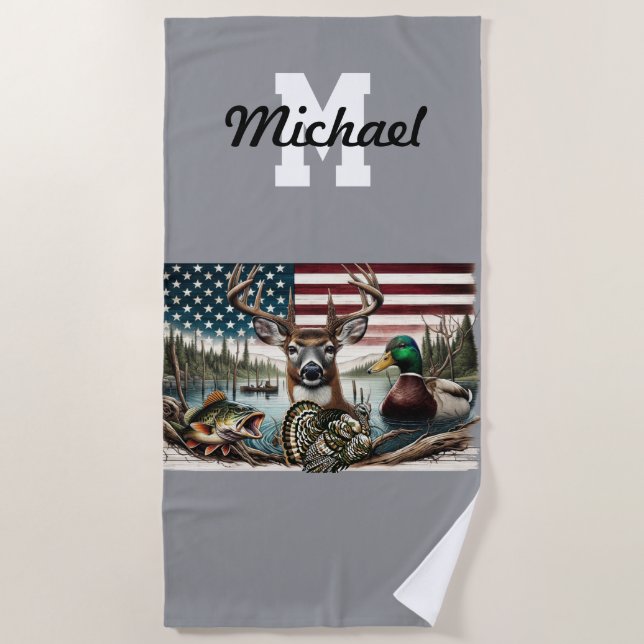 American Flag Hunting and Fishing Themed Beach Towel (Front)