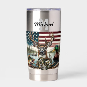 American Flag Hunting and Fishing Themed Insulated Tumbler