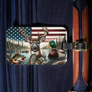 American Flag Hunting and Fishing Themed Luggage Tag