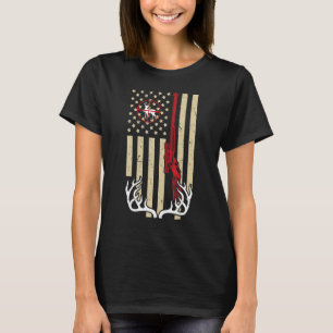 American Flag Hunting Deer Antlers With Rifle And T-Shirt