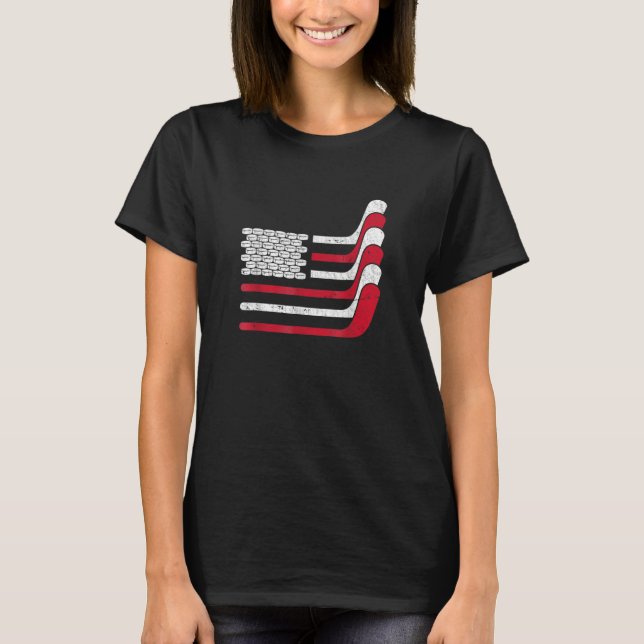 American Flag Ice Hockey Sticks Hockey Puck T-Shirt (Front)