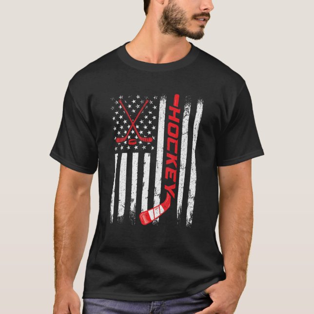 American Flag Ice Hockey USA Funny Patriotic Sport T-Shirt (Front)