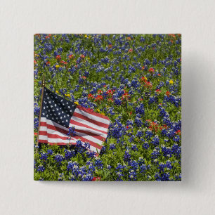 American Flag in field of Blue Bonnets, 2 15 Cm Square Badge