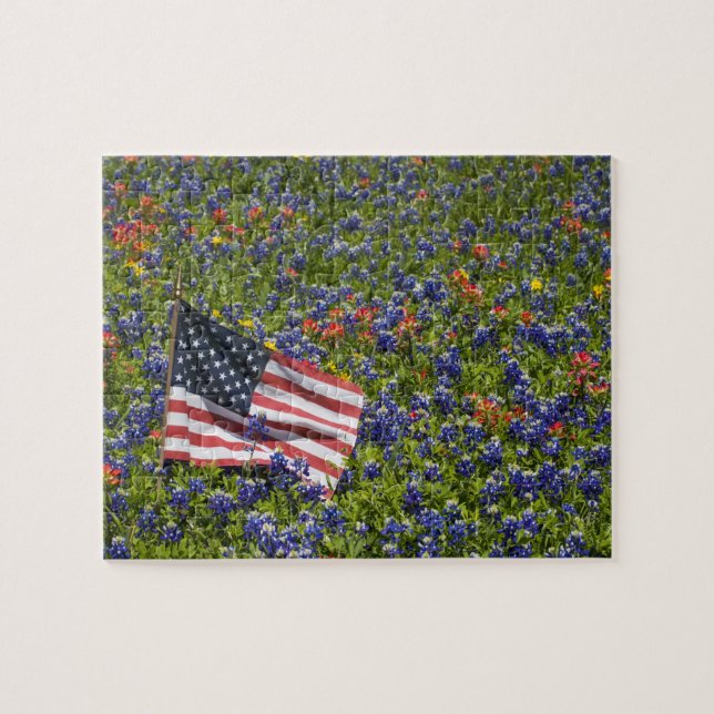American Flag in field of Blue Bonnets, 2 Jigsaw Puzzle (Horizontal)