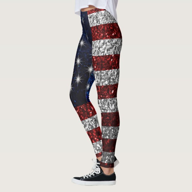 American Flag In Glitter Graphic Leggings (Left)