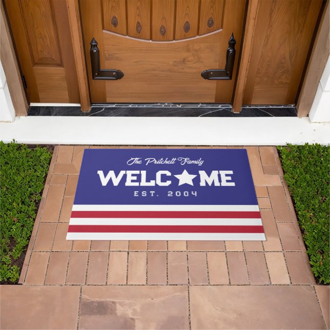 American Flag Inspired Welcome Family Name Doormat (Outdoor)