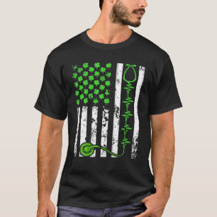 American Flag Irish Nurse Heartbeat Shamrock St Pa T-Shirt