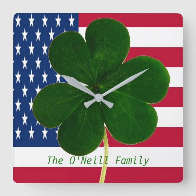 American Flag Irish Shamrock Clover St. Patrick Square Wall Clock (Front)