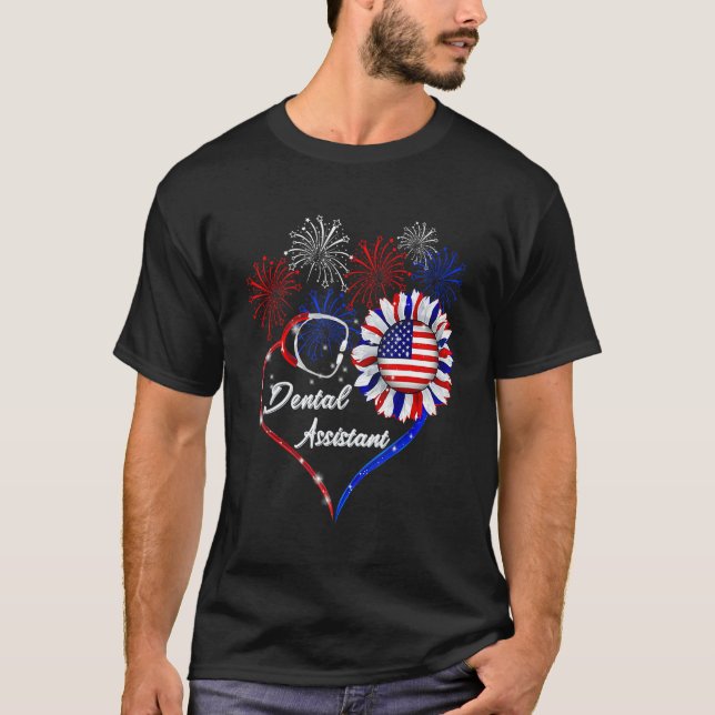American Flag July 4th Firework Sunflower Dental A T-Shirt (Front)