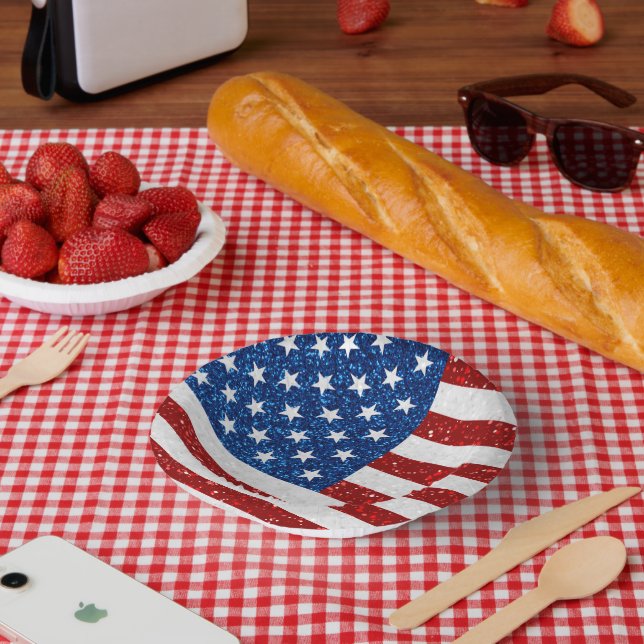 American Flag July 4th Glitter Paper Plate (Picnic)