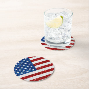 American Flag July 4th Glitter Round Paper Coaster