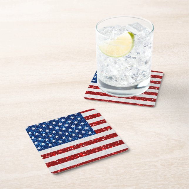 American Flag July 4th Glitter Square Paper Coaster (Insitu)