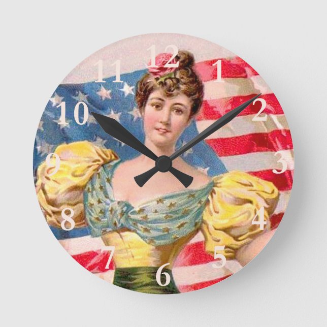 American Flag Lady Liberty Independence  Round Clock (Front)
