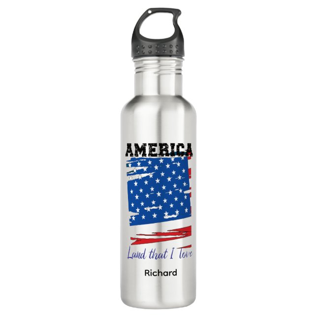 American Flag, Land I Love, Patriotic Water Bottle (Front)