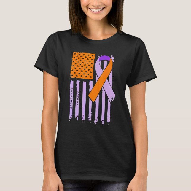 American Flag Lavender & Orange Ribbon Eczema Awar T-Shirt (Front)