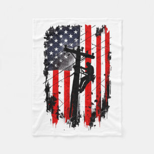 American Flag Lineman Patriotic Electric Worker Fleece Blanket