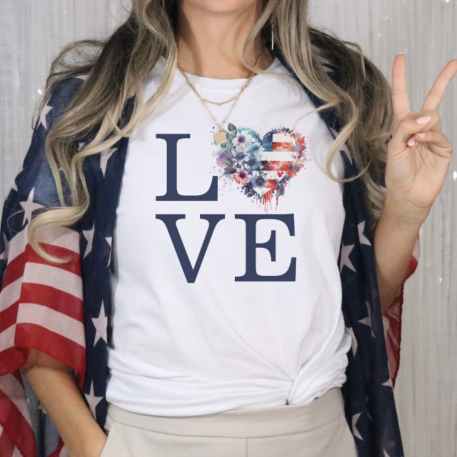 American Flag Love Heart 4th July T-Shirt (My heart beats red, white, and blue.)