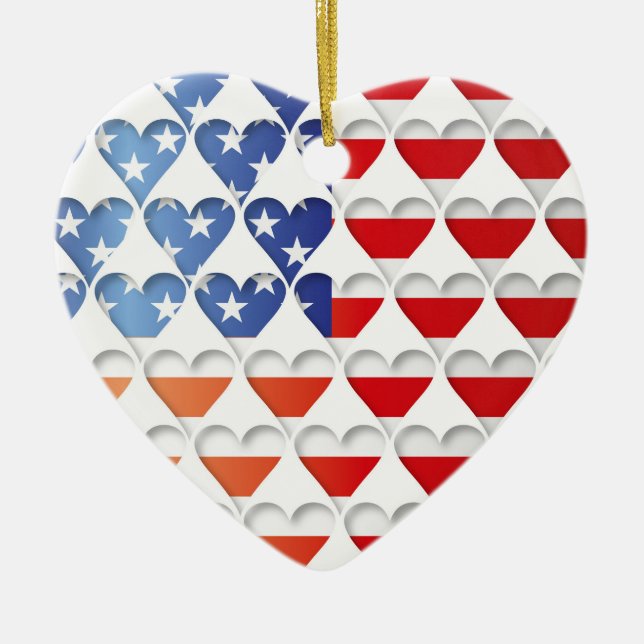 American Flag Love Hearts Ceramic Tree Decoration (Front)