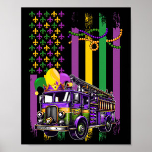 American Flag Mardi Gras Fire Truck Wearing Jester Poster