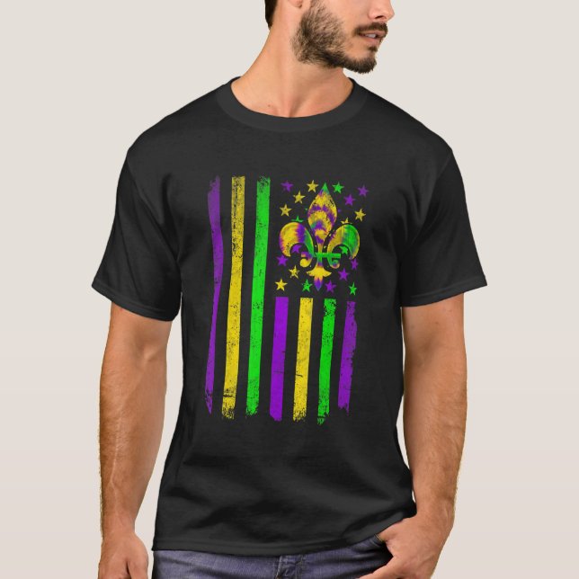 American Flag Mardi Gras Fleur De Lys Retro Mardi  T-Shirt (Front)