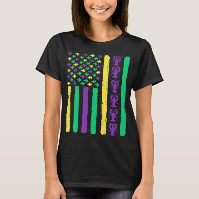 American Flag Mardi Gras T- Mardi Gras Crawfish Ou T-Shirt (Front)
