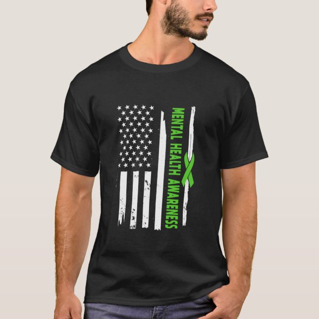 American Flag Mental Health Awareness Wear Green R T-Shirt (Front)