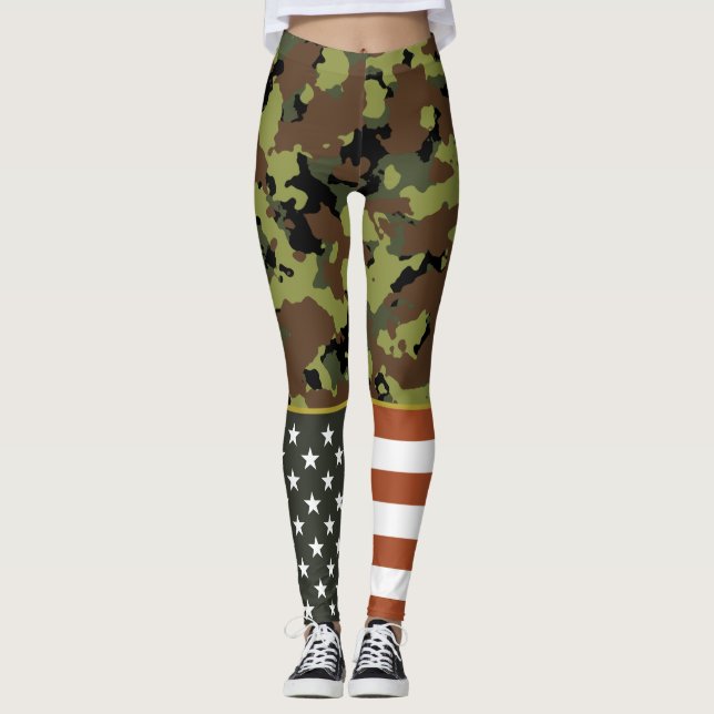 American Flag Military Green Camo Leggings (Front)