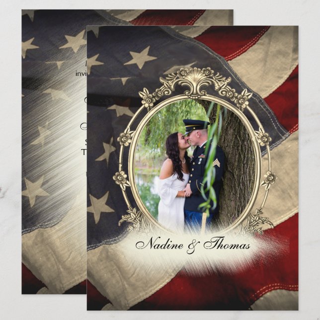 American Flag Military Wedding w Photograph Invitation (Front/Back)