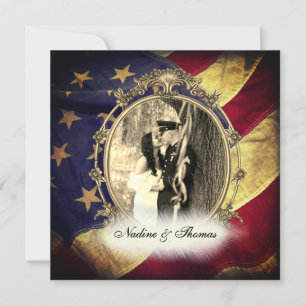 American Flag Military Wedding w Photograph Invitation